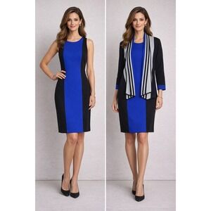 Kasper 2 pc Sleeveless Sheath Dress Blue Black Knee Length Business Casual  8